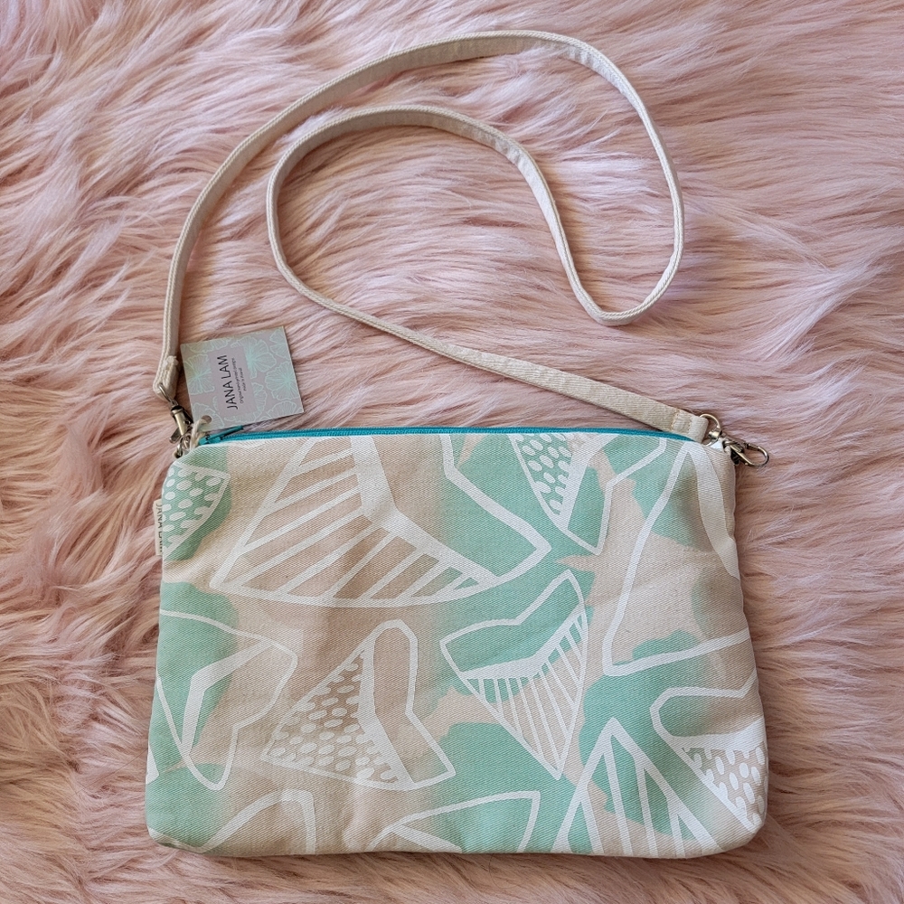 Jana Lam Hawaii hand printed fabric crossbody bag shark tooth & flower